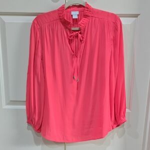 Chico's Vibrant Coral Pink Tie-Neck Ruffle Blouse